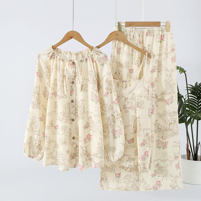 Frühling und Sommer Neues Damen-Pyjama-Set aus 100 % Baumwollkrepp, lange Ärmel + Hosenträger + Hose, dreiteiliger Spitzenanzug für Damen