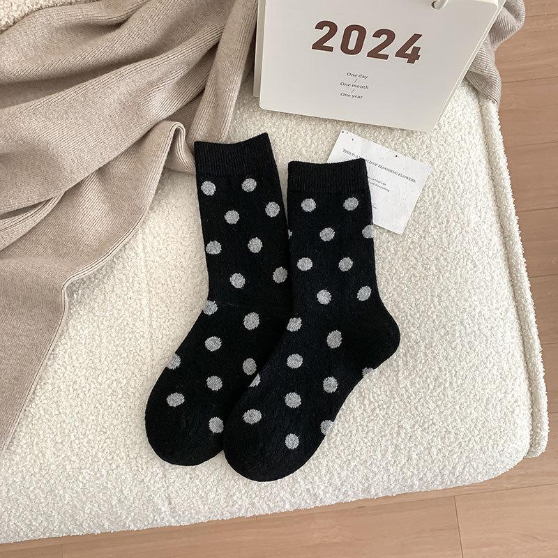 Socks Thickened Warm And Versatile Polka Dot Black Wool Maillard Coffee Color Mid-Leg Socks