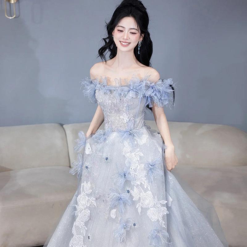 Blue evening dress dress women's 1011 new high-end light luxury niche wedding dress birthday adult toast engagement