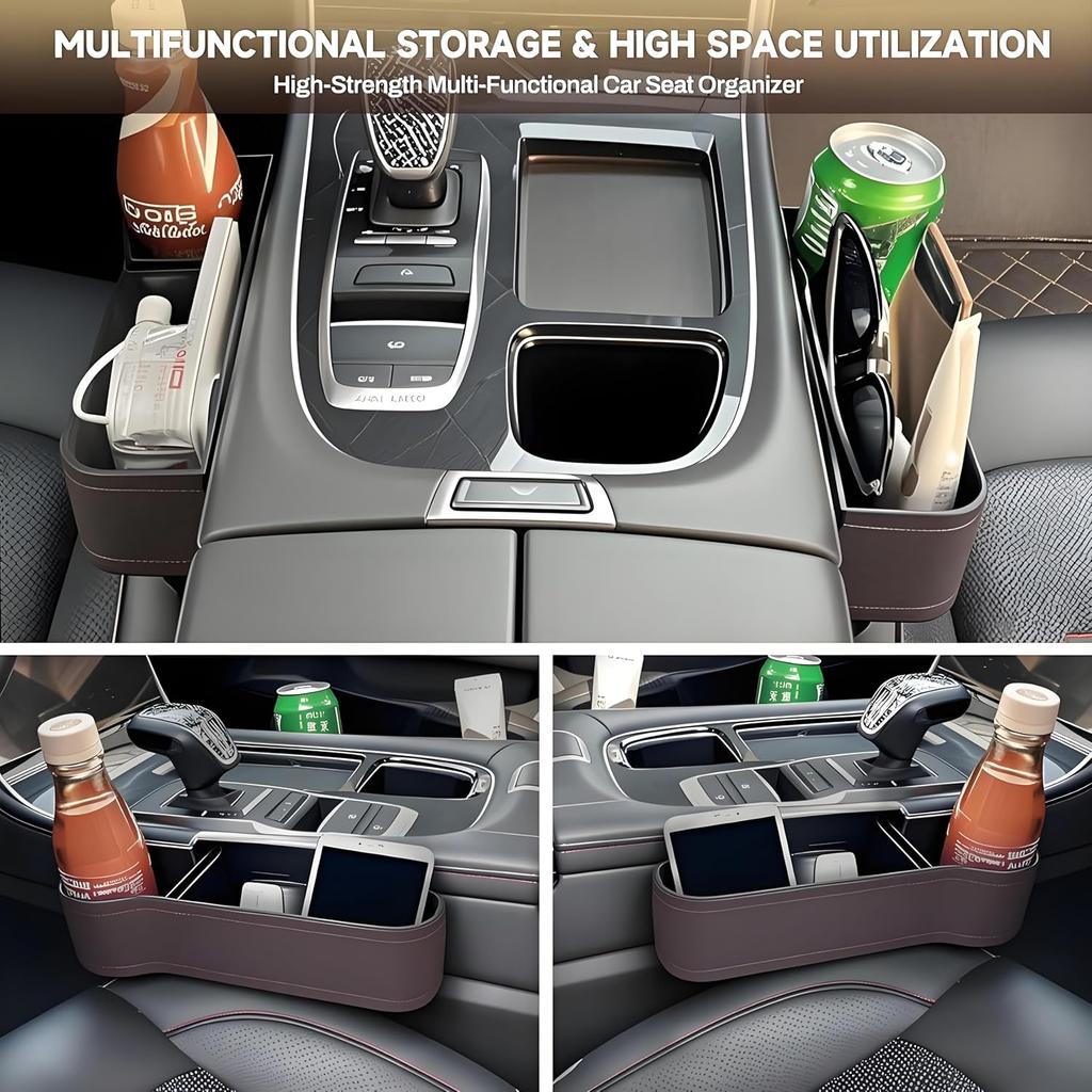 2026 Upgraded 2 PC (L+R) Premium PU Leather Car Seat Gap Filler Organizer With Cup Holder & Storage Slot/Bag– Fits Front Seat, Holds Phone,
