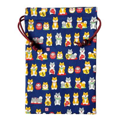 Kyosuke Made In Japan Drawstring Cotton Bag for Goshuincho (Seal Book) 26.5 X 18cm, Japanese Pattern (Shiba-chan Daruma, Blue)