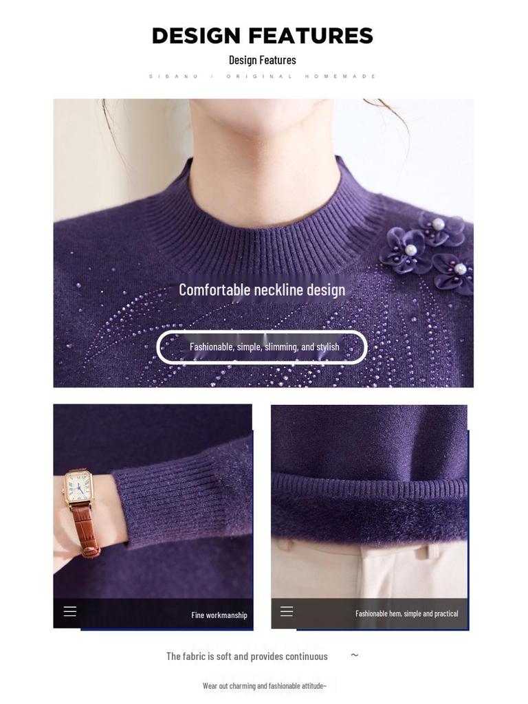 Mom's Warm Velvet Knit Sweater for Autumn & Winter - Ideal for Middle-aged & Elderly