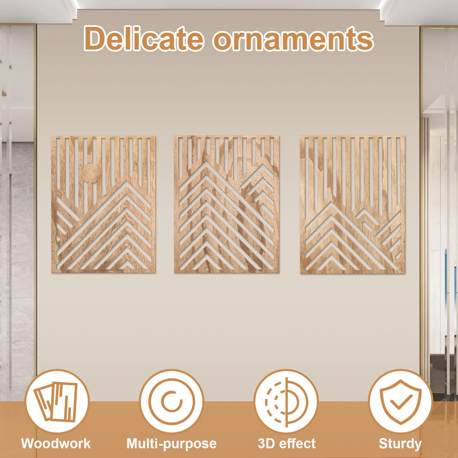 3Pcs Wood Wall Art Wall Sculpture Decor Openwork Wooden Wall Ornament Easy to Hang Timber Wall Artwork for Home Living Room