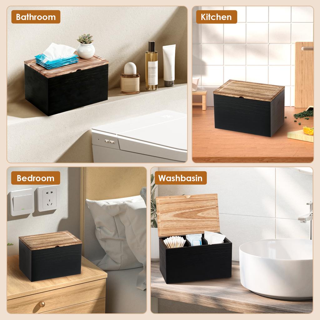 Wood Tampon Holder Sanitary Napkin Storage Bin with Lid and 2 Removable Dividers Feminine Product Organizer for Kitchen Bathroom