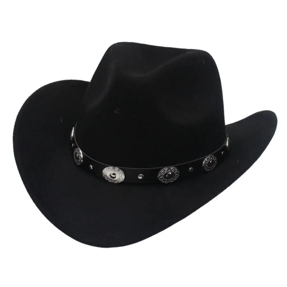 Women Men Western Cowboy Hats Felt Hat Fedora with Upturned Brim and Faux Silver Accents Wide Brim Fedoras Hat Ethnic Style