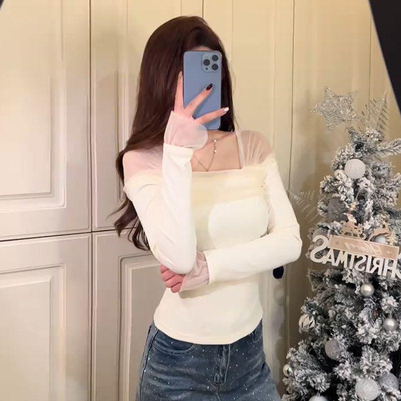 Women s One-Shoulder Mesh Splice Long Sleeve Crop Top - 2026 Spring Slim Fit Design M грязно-белый