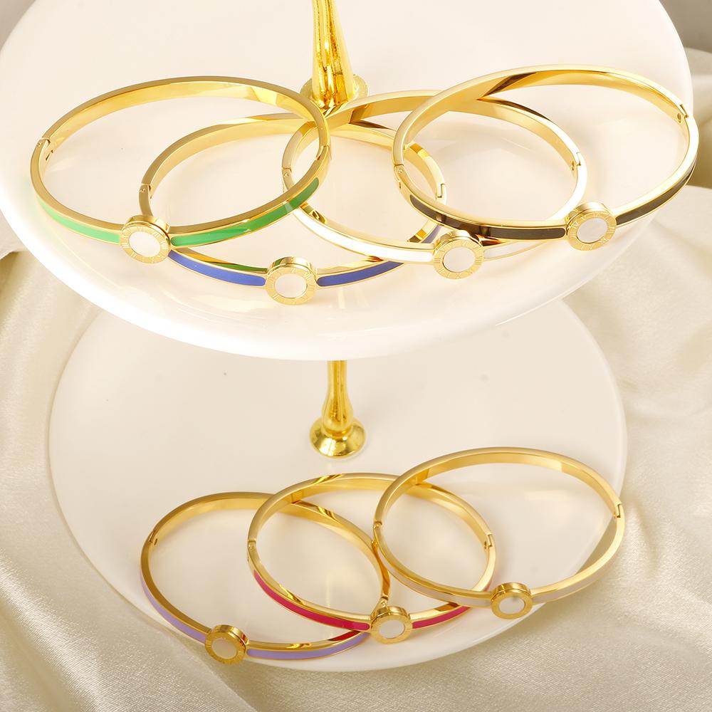 Popularity Stainless Steel Colorful Sweet Enamel Shell Bangle for Women Round Roman Numerals Bracelet Waterproof Trendy Jewelry