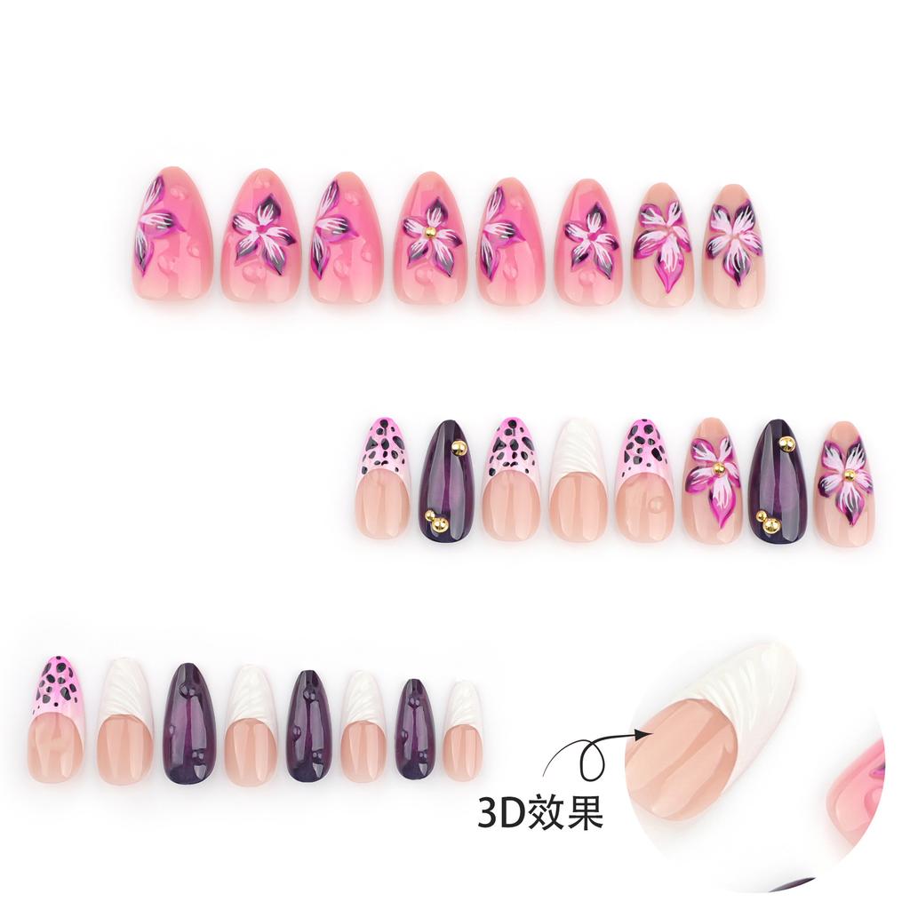 24pcs 3D Three-dimensional Flower Wear Armor French White Edge Pink Leopard Print Manicure Fake Nails Fake Nails