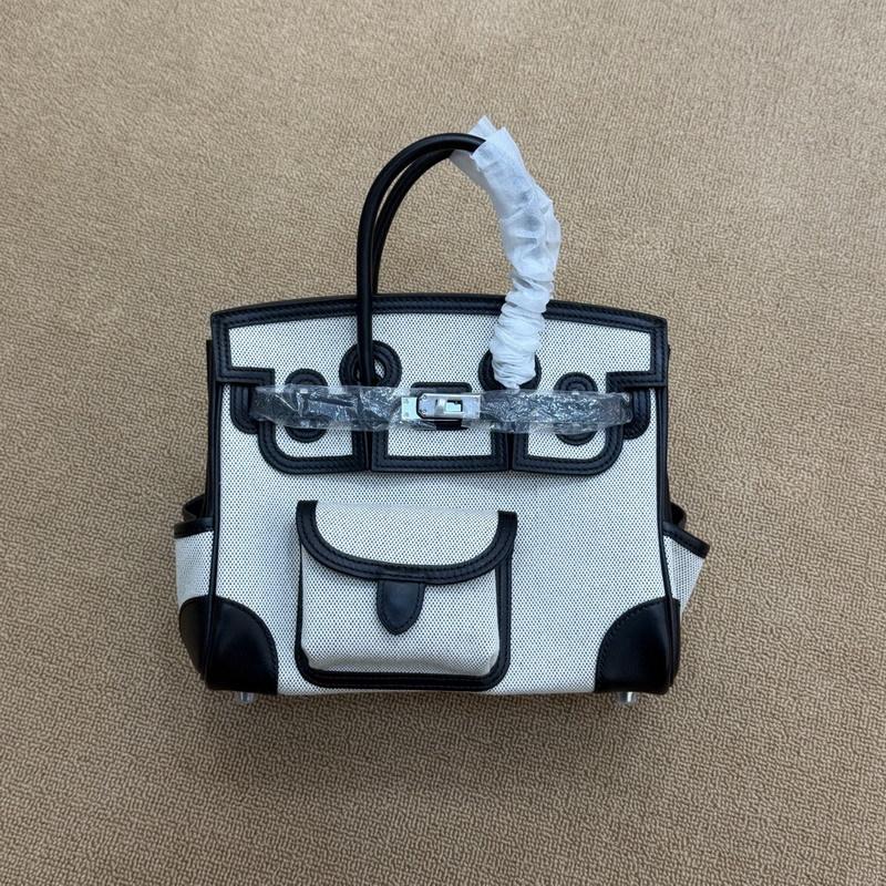 

26 New 25CM Platinum Bag Cargo Swift Leather With Canvas Insert Bag Leather Shoulder Strap (S10BK) 25x13x21cm