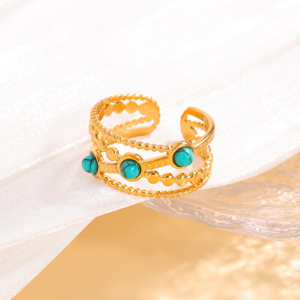 18K Gold Plated European Retro Stainless Steel Turquoise Ring - Vintage Exaggerated Women's Personality Jewelry