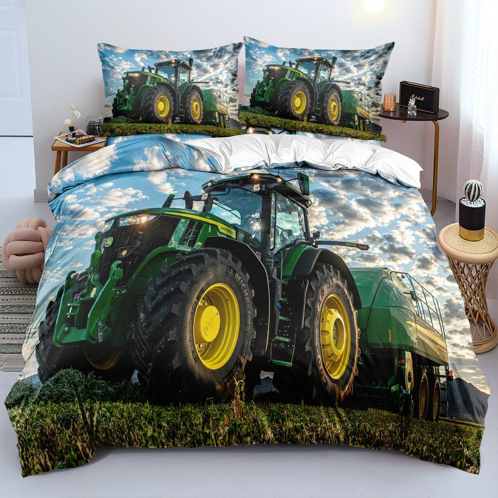 Farm Tractor duvet cover with Pillowcases,Rustic 3D Machinery Design, Super Soft Microfiber Full/Queen Size,Kids Room Decor Gift