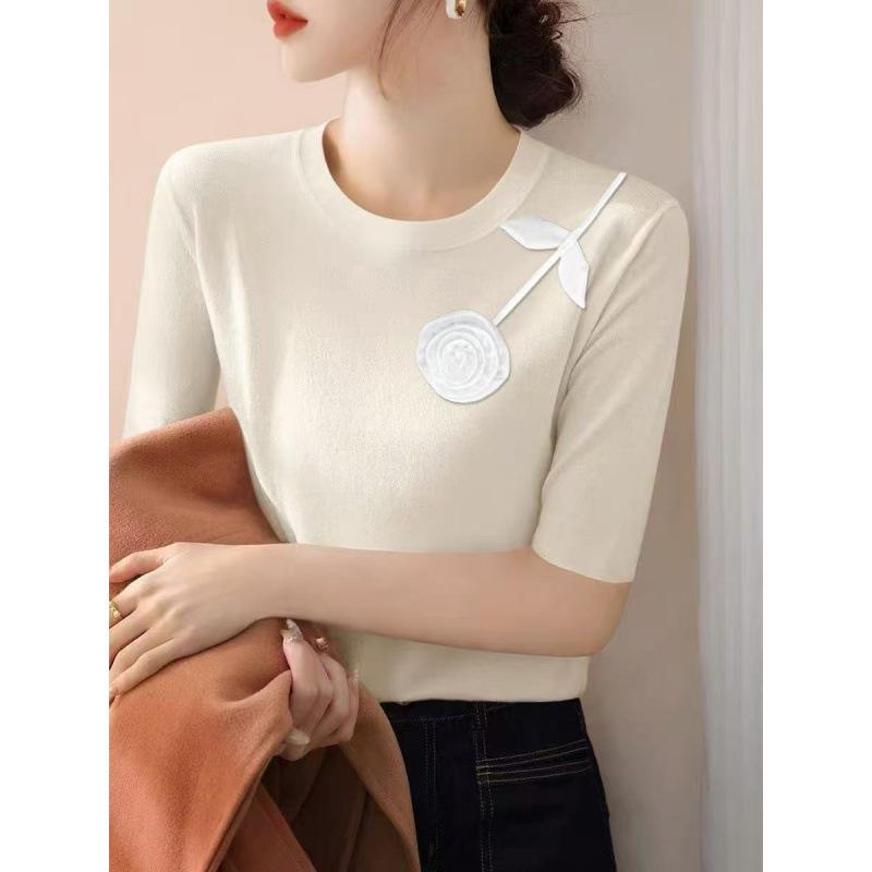 

Women s French Round Neck White Mid-Sleeve Knit Top - Early Spring, Versatile Temperament, Slim-Fitting Base Layer One Size грязно-белый
