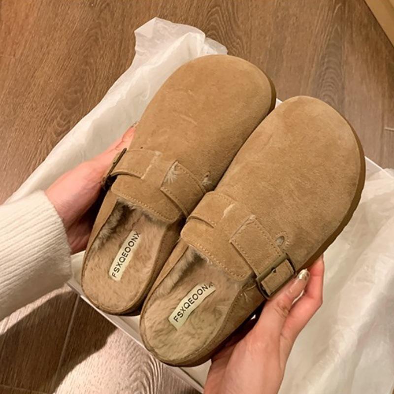 Thick-soled fluffy Birkenstock half-slippers, winter new one-pedal lazy shoes, velvet cotton slippers