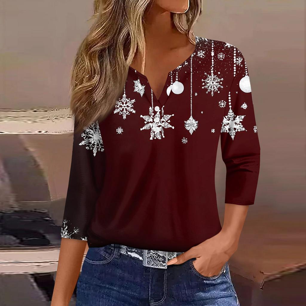 Women's T Shirt Christmas Print Button 3/4 Sleeve Daily Weekend Fashion Basic V- Neck Regular Top