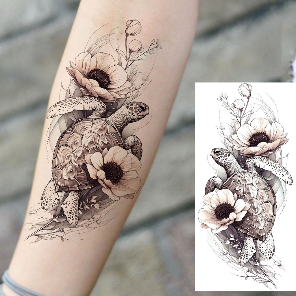 1 Sheet Sketch Flower Animals Temporary Tattoos For Women Long Lasting Waterproof Elephant Turtle Fake Tattoo Body Art Stickers