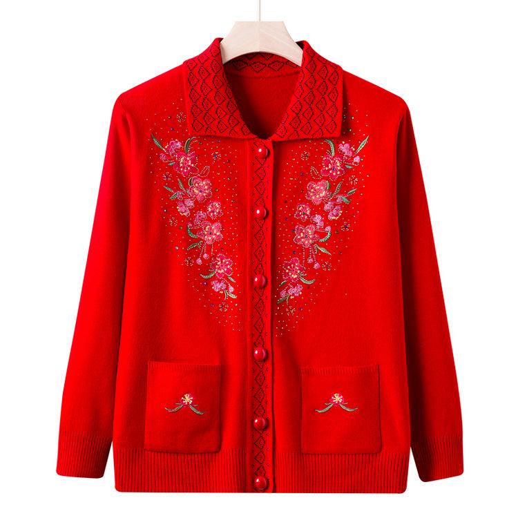 Middle-aged and Elderly Women's New Style Mother's Spring and Autumn Sweater Jacket Old Lady Sweater Cardigan Top Loose Large Size