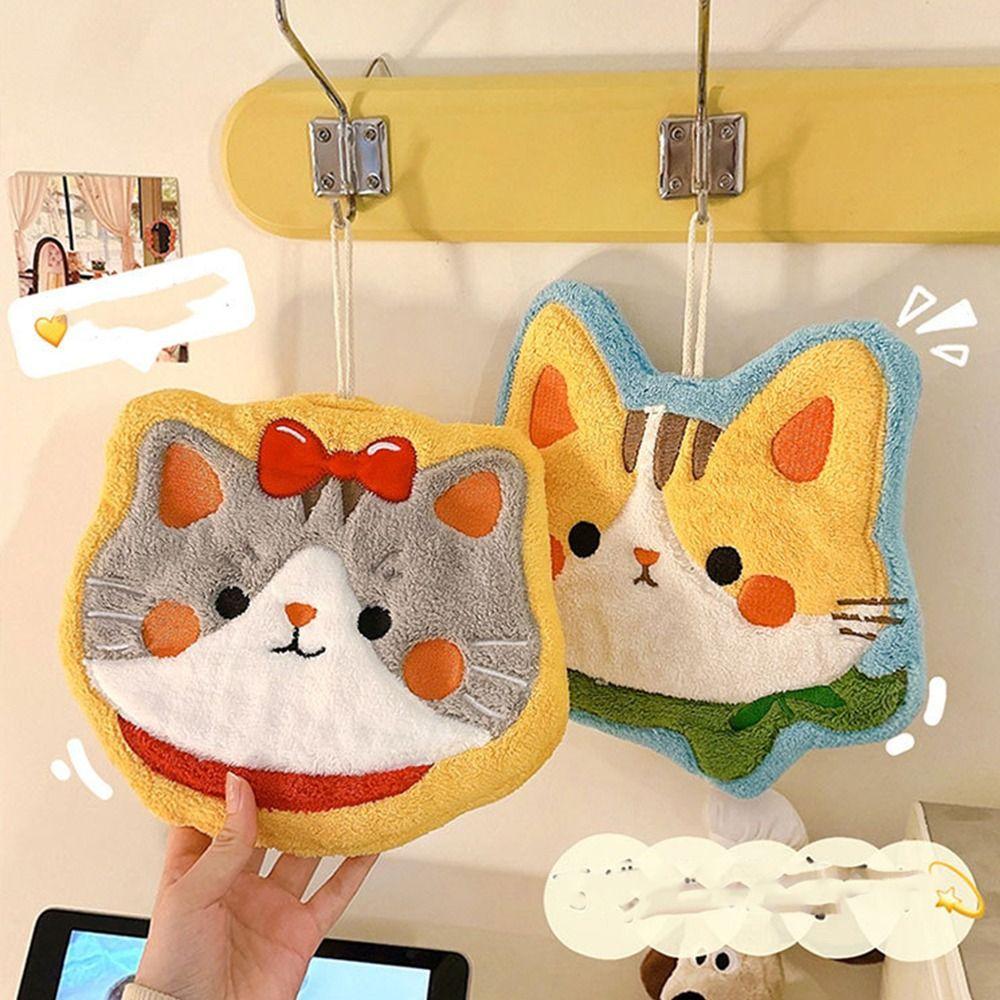 Super Absorbent Kitten Hand Towels Hangable Quick Dry Hand Towels Cartoon Coral Fleece Hand Towel
