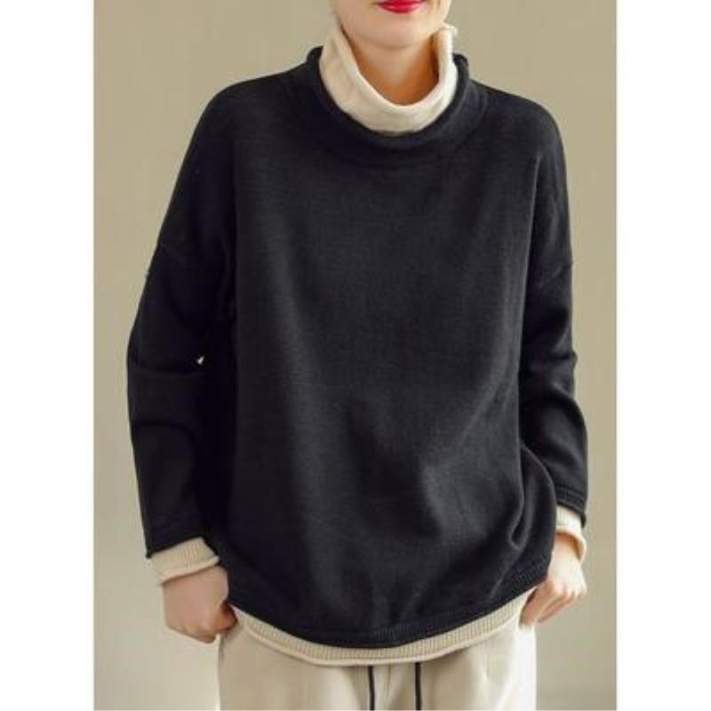 Women's Fall/Winter Vintage Color-Block Pullover Sweater Loose-Fit Casual Knit Sweater