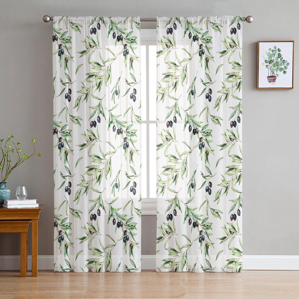 Watercolor Olive Leaf Texture Tulle Window Curtain Sheer Valances Curtains For Living Room Home Decoration Drape Panel