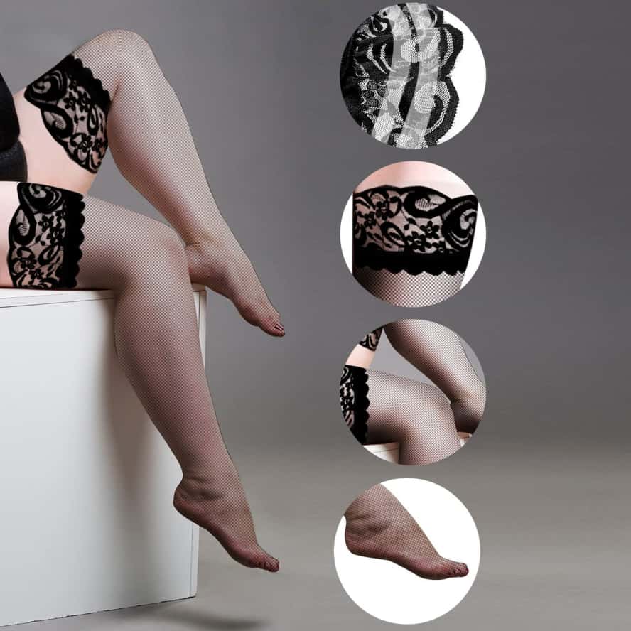 Lace Top Anti Slip Fishnet Long Socks Black White Sexy Girls Over Knee Thigh High Silk Mesh Stockings for Women Plus Size XXXXXL