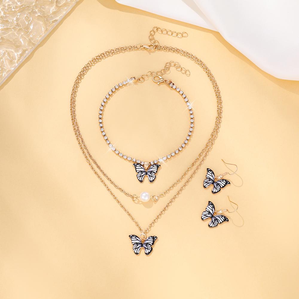 

5 Piece Women s Bracelet, Ring, Earring, Necklace, Fashionable Zircon Set, Trendy Butterfly Pattern Inlaid With Rhinestones чорний