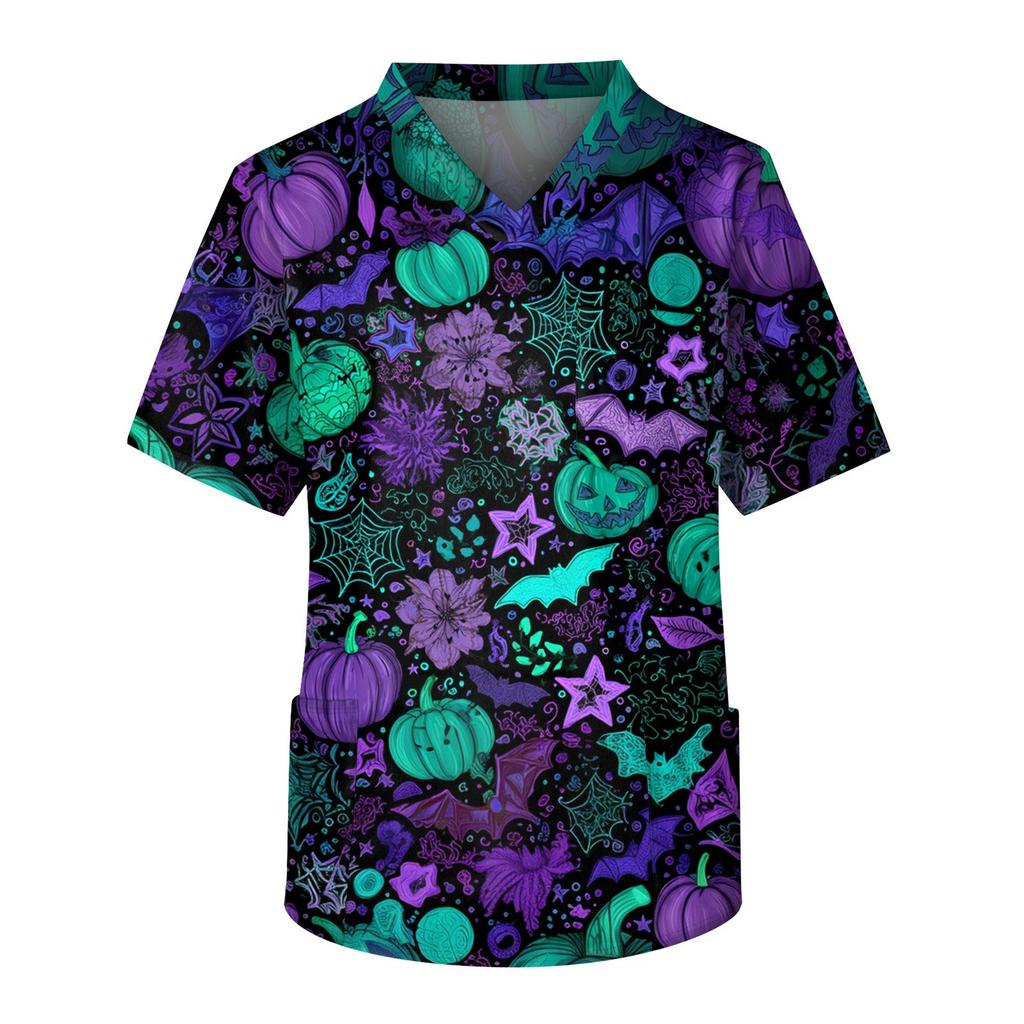 Men's Short Sleeve V-Neck Halloween Print Chest Pocket Care Top