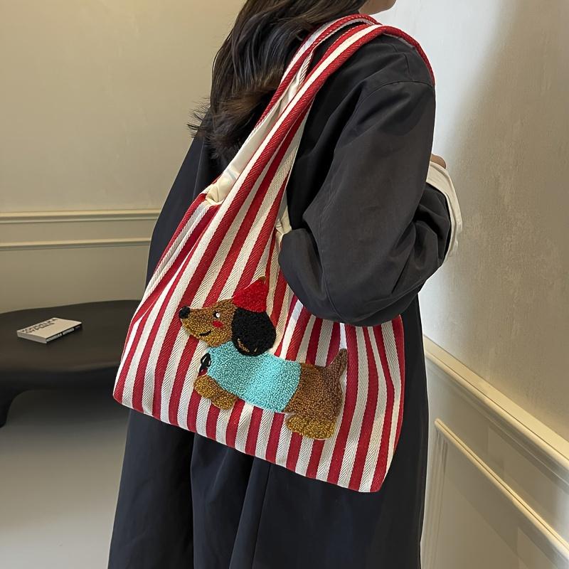A Stylish and Casual Striped Tote Bag Featuring a Cute and Fun Dachshund Embroidery Pattern, Durable Bag Has a Nylon Lining, Suitable for Charming