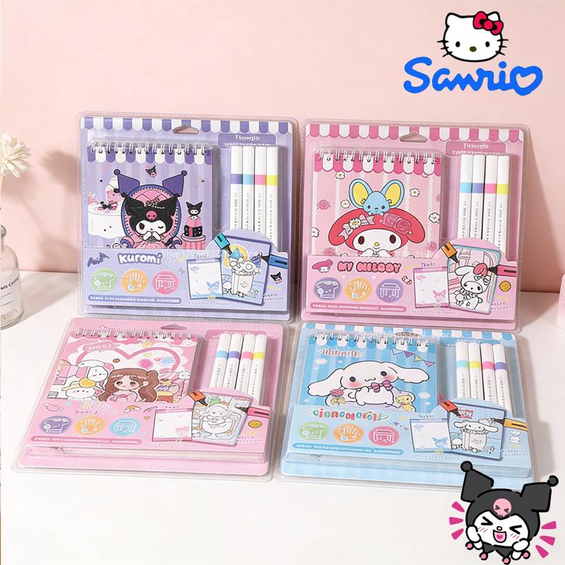 Sanrio Hello Kitty Melody Kuromi Painting Notebook Four Color Watercolor Pen Cartoon Graffiti Coloring Watercolor Painting Gift