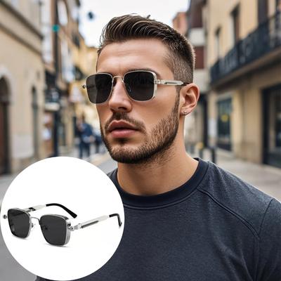 Men's Vintage Steampunk Driving Sun Glasses Square Metal Frame Sun Glasses with Spring Hinges Women Trendy Shades Driver Glasses