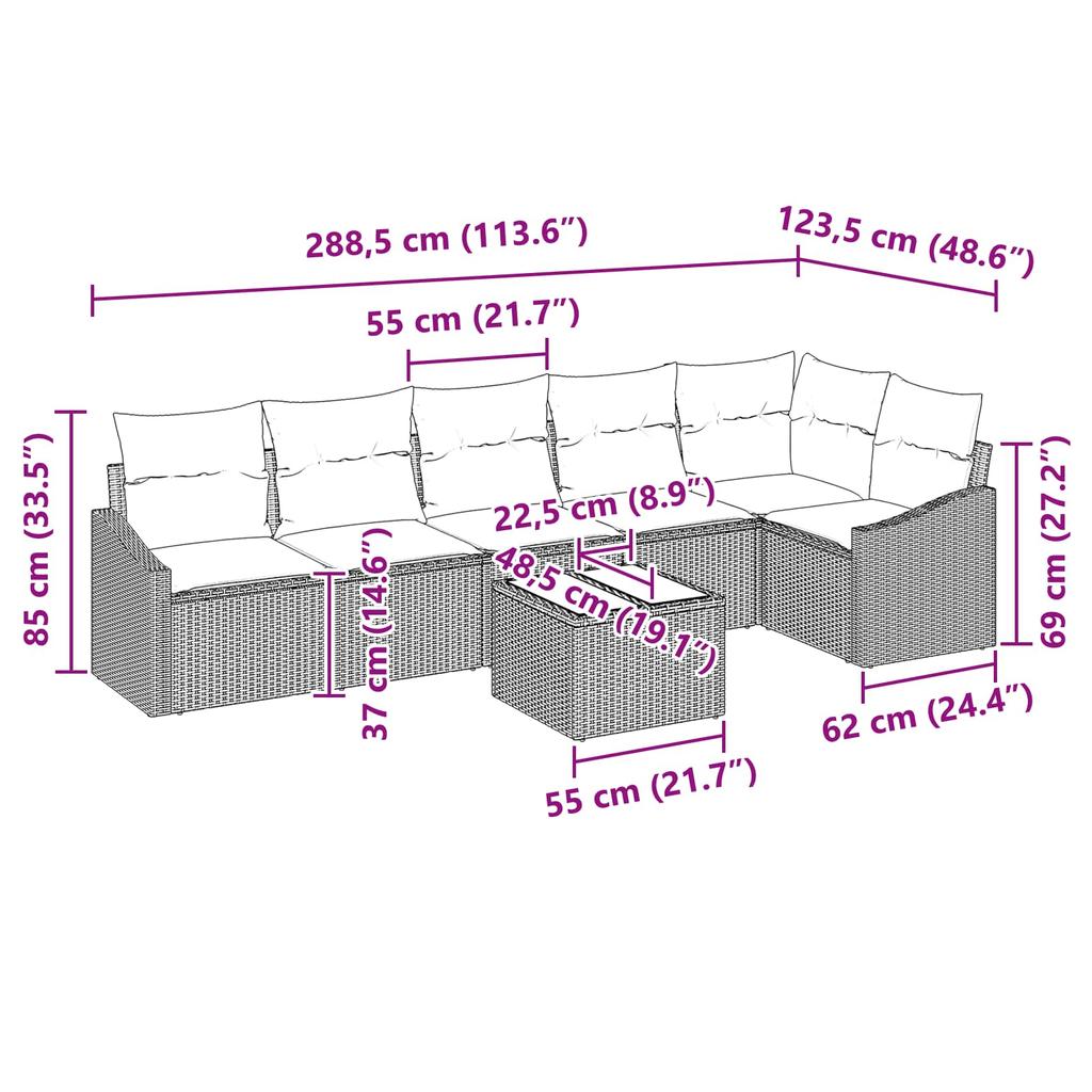 7 Piece Sofa Set with Cushions Black Poly Rattan