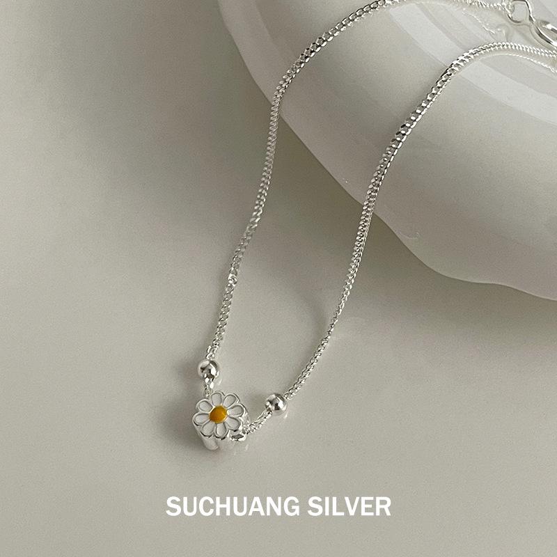 Sterling Silver Daisy Bracelet: Fresh Forest Style, Versatile Floral Beads for Women 925 Silver
