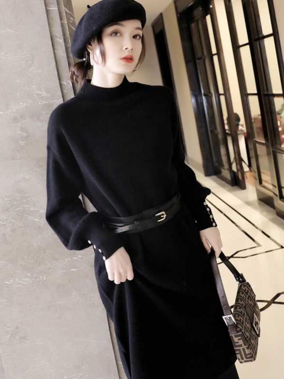 

Вязаное платье женское осенне-зимнее рукава-фонарики темперамент светская львица новинка пояс на талии полувысокое горло свитер длинное платье average size