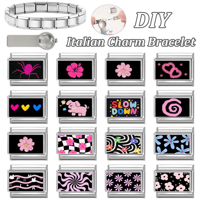 Schönes schwarzes Druckdesign Hase Katze Hund Blumen Herz Y2K Italienischer Charms Glieder Passend für 9mm Edelstahlarmband DIY Herstellung