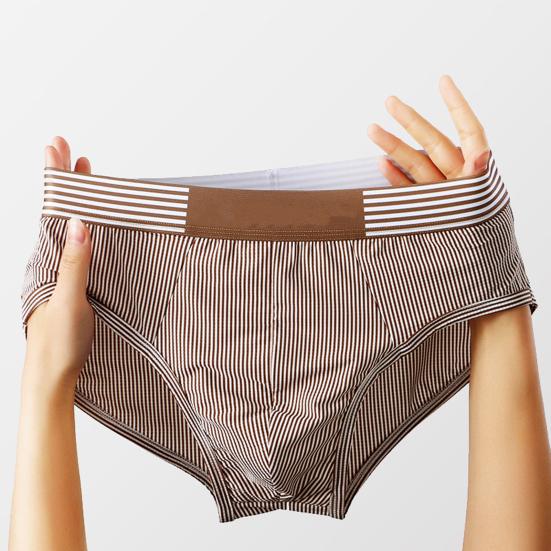 Men Briefs Mid-rise Elastic Waistband Slim Fit Panties Striped Print Patchwork Color U-Convex