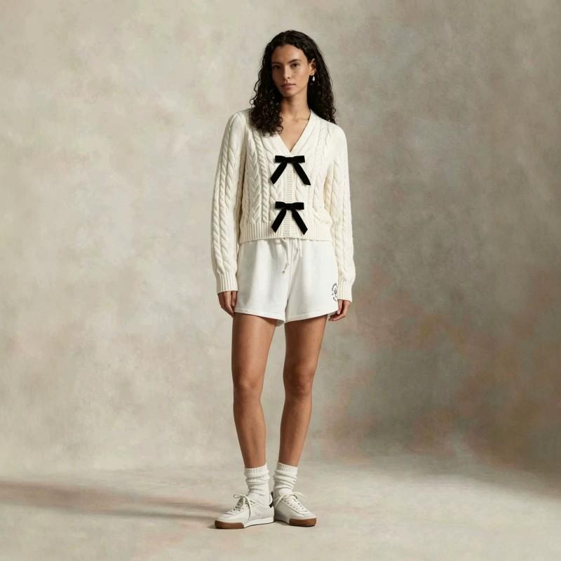 Womens V-Neck Knit Sweater With 3D Bow Detail Loose Fit Casual Pullover In Arctic Fleece S M L