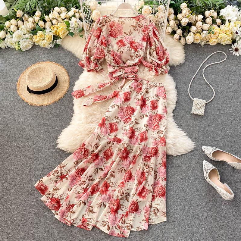Vacation Two-Piece Set: Women's Tie-Up Chiffon Blouse & Mermaid Skirt