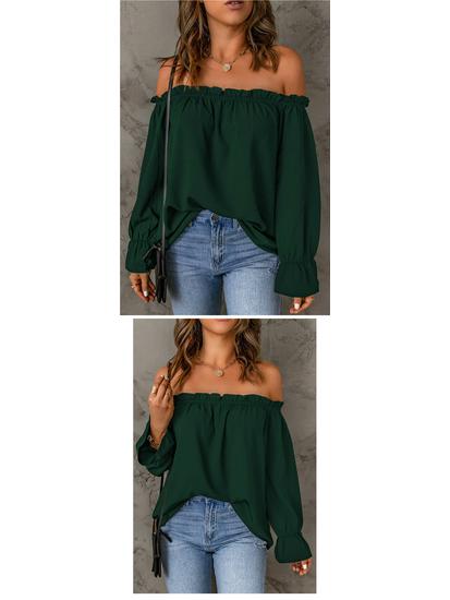 Women's Off-the-Shoulder Chiffon Blouse - European and American Style, Solid Color Pullover for Spring and Autumn, Sexy & Elegant.