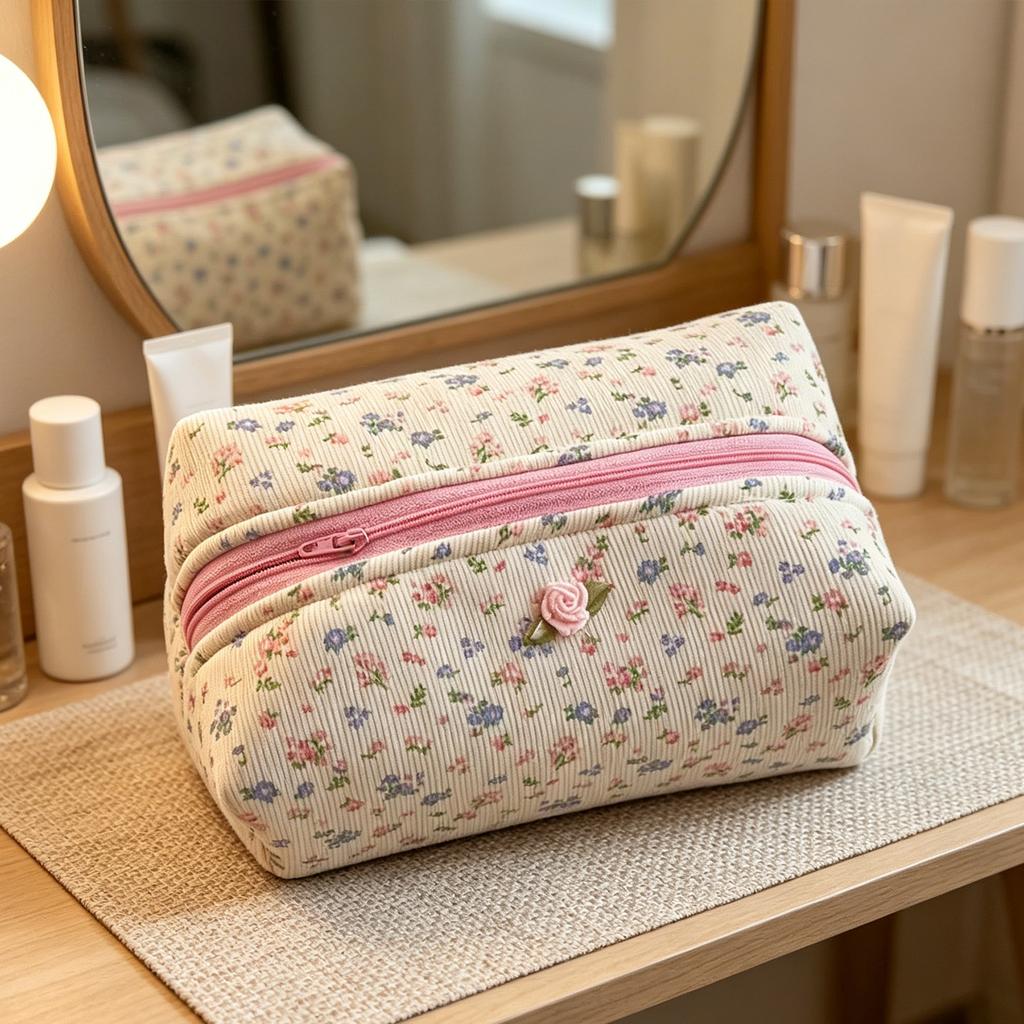 Roses Print Cosmetic Bag Zipper Closure Stylish Storage Bags Portable Organizer for Shopping And Outdoor Family Outings