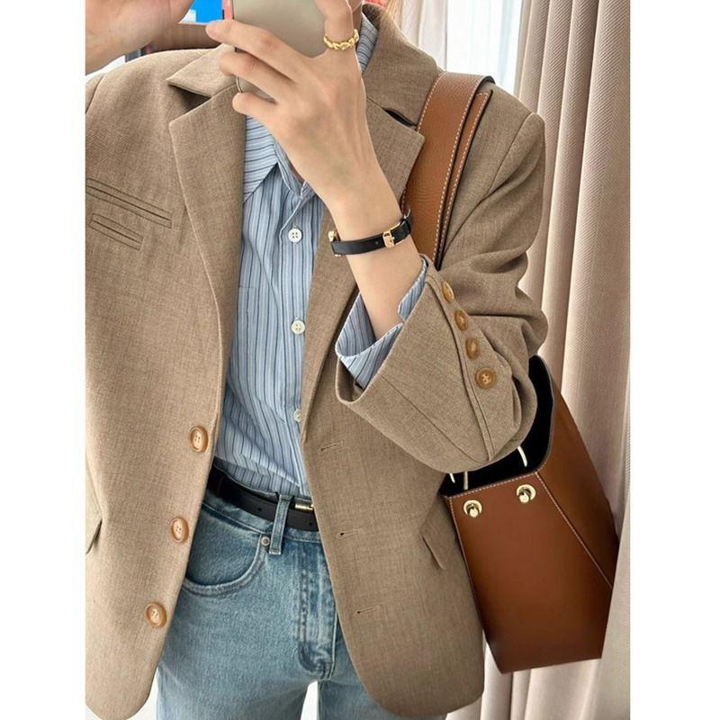 Chic Khaki Suit Coat for Women In Autumn Loose Fit Short Stature Western Style Jacket
