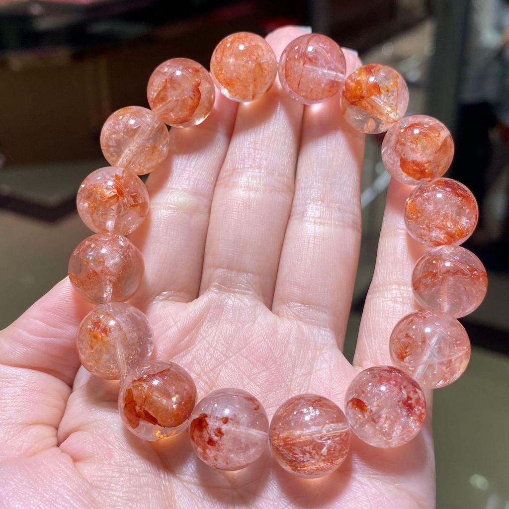 Natural Brazilian Red Phantom Quartz Beaded Bracelet with Floating Inclusions