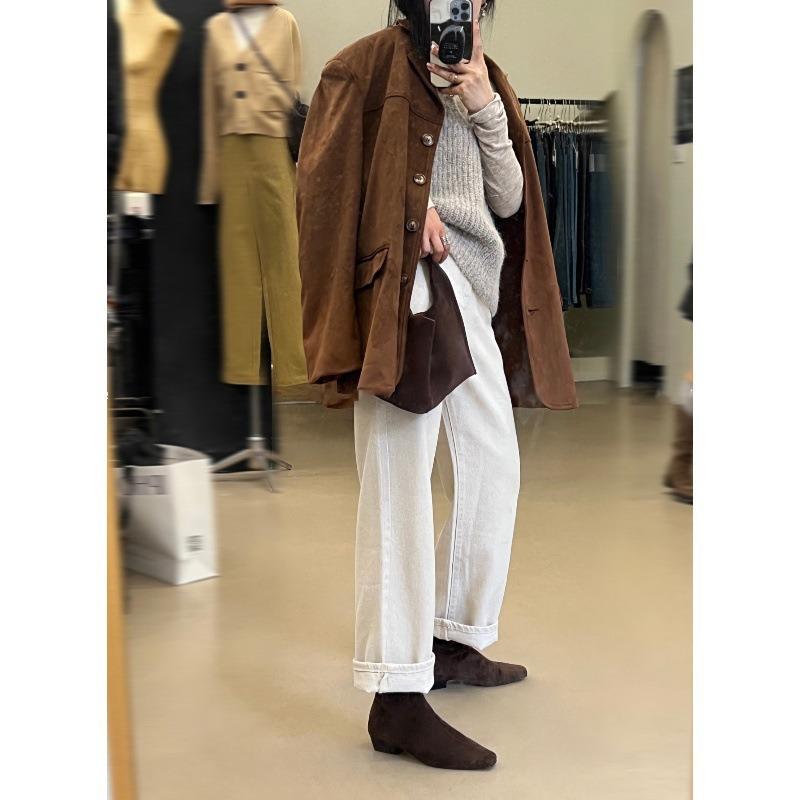 New autumn and winter zipper retro brown suede small ankle boots thin boots square head thick heel short boots women