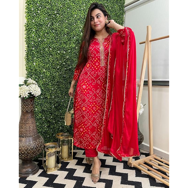 GoSriKi Women's Rayon Blend Bandhani Printed Straight Kurta with Pant & Dupatta (TURAE-RED-GS_L_Red_Large)