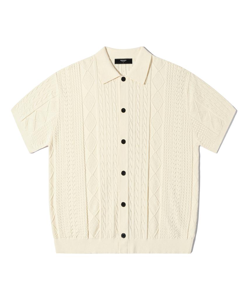 TRILLION Washable Cable Half Sleeve Button-Up Knit (Cream)