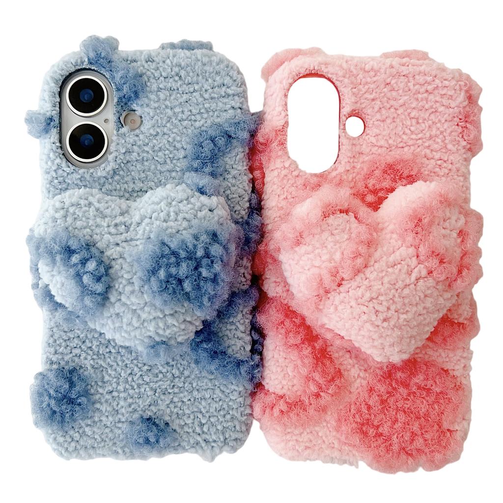 For iPhone 17 Case 3D Heart Plush TPU Winter Warm Soft TPU Phone Cover