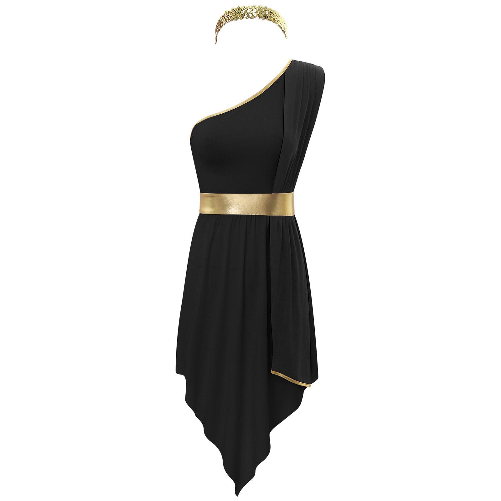 

Жіночий костюм у римсько-грецькому стилі, сукня на одне плече без рукавів, колор-блок, нерівний поділ, сукня для вечірки на Хелловін S чорний