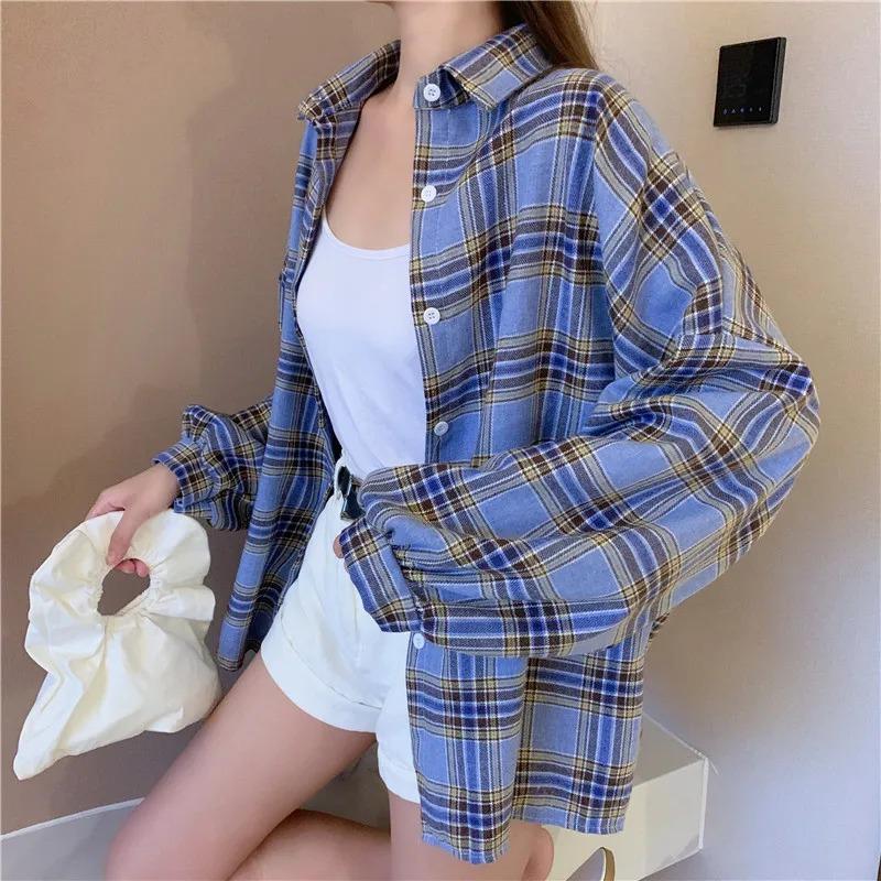 Plaid Shirt Women Autumn Long Sleeve Top Female Vintage Fashion Single Breasted Blouse Ladies Preppy Style Loose Check Shirts