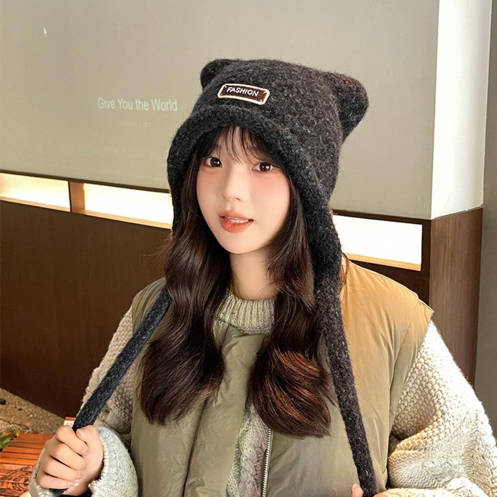 New Thickened Cute Ear Hat Windproof Coldproof Knitted Hat Spicy Girl Hat Girl Boy