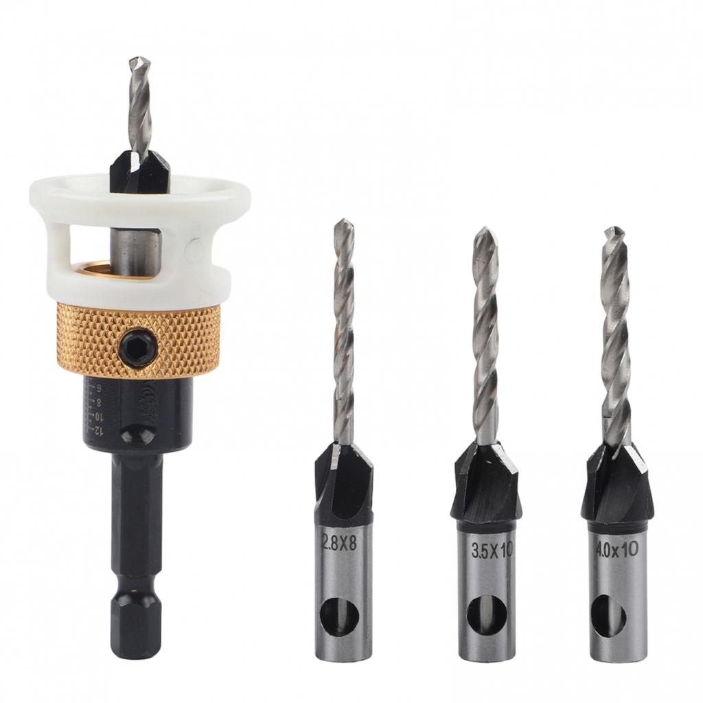 Set Of 4 Adjustable Countersink Drill Bits With Depth Stop For Woodwork