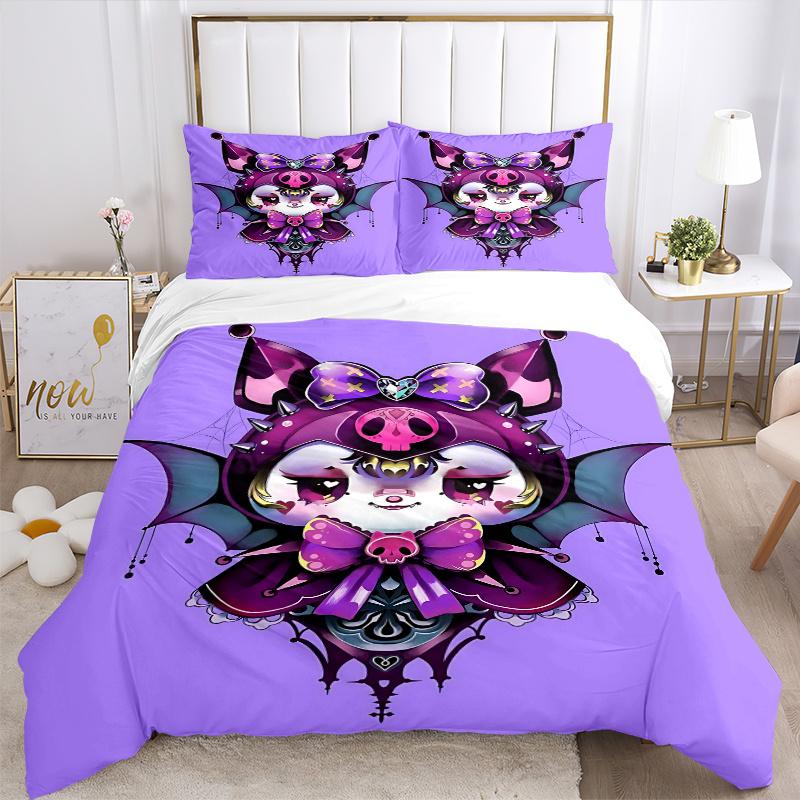 3pcs Kuromi Bat Print Bedding Set (1 Cover + 2 Pillowcases, Without Inserts), This Printed Bedding Set is Soft and Comfortable, Suitable for