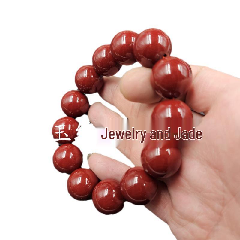 Bracciale Unisex con Perle da 10mm in Giada Cinabro e Sabbia Oro Viola, Colore Rosso Sangue di Gallina.